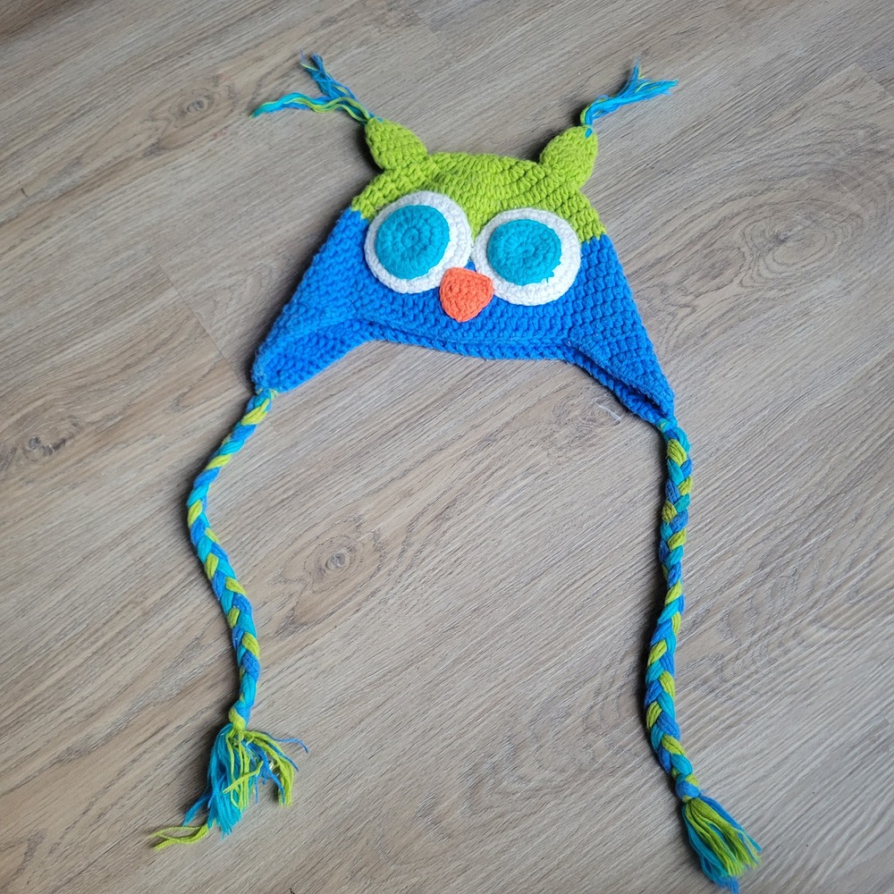 Kids Owl Trapper Hat One Size Blue Green Crochet Knit Animal Winter Beanie